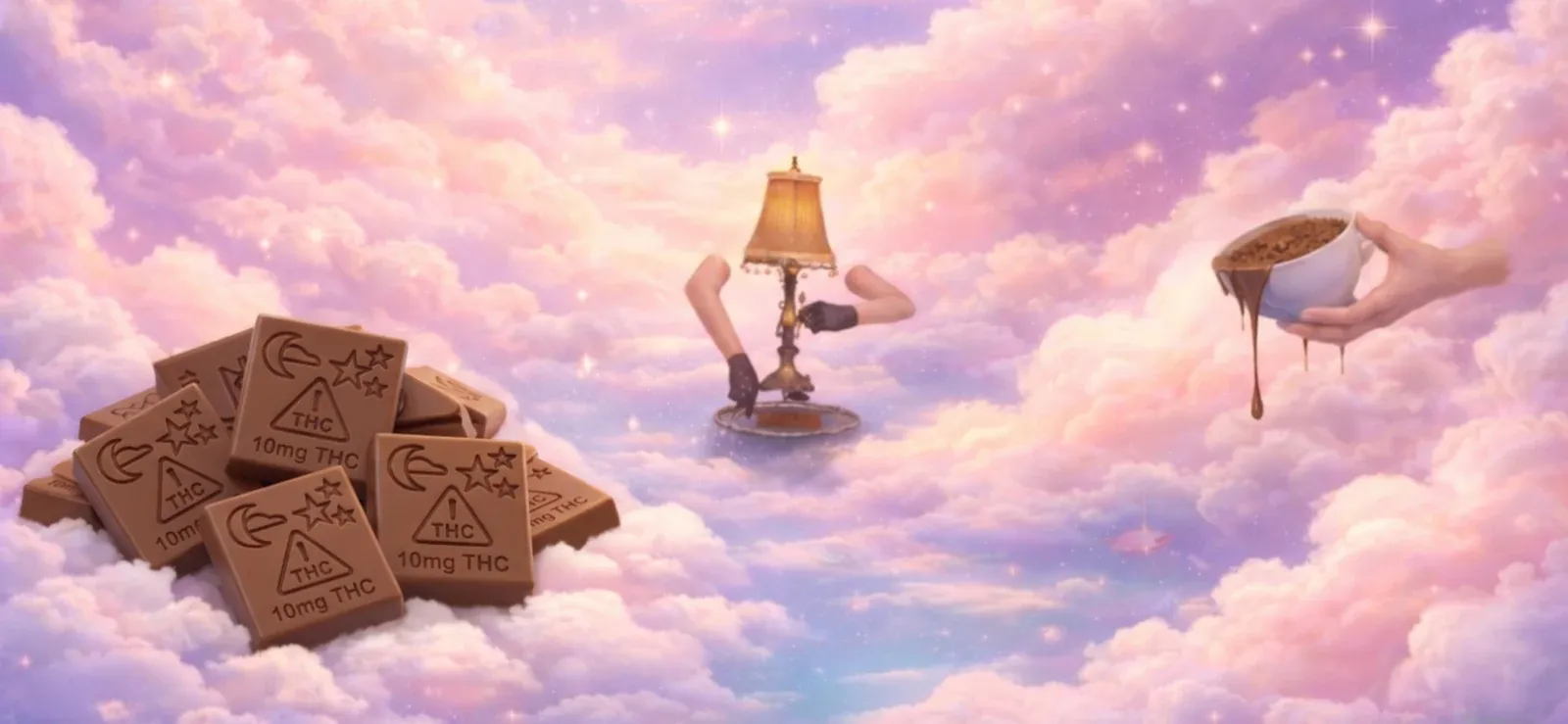 Dreamland chocolate squares drifting through pastel clouds